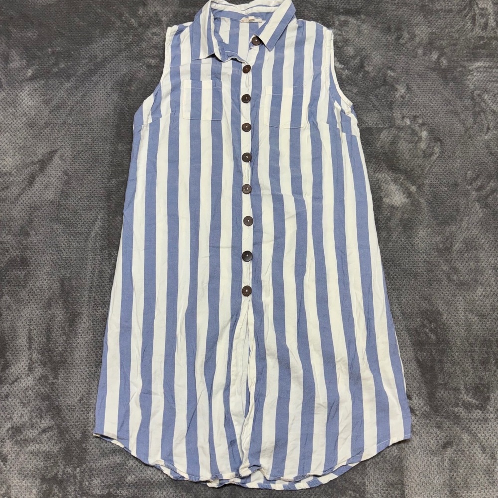 Rebellion Again Blue White Striped Sleeveless Button‎ Down Shirt Dress Medium